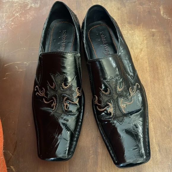 Mens Robert Wayne "Lamp" Black With Cross Design On Front Leather Loafers SZ 9 - Picture 2 of 12